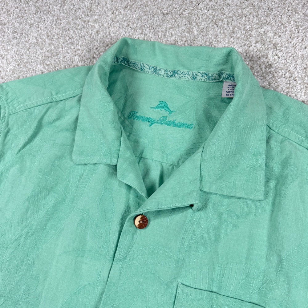 Tommy Bahama Silk Camp Shirt Mens Medium Green Short Sleeve Tropical Jacquard